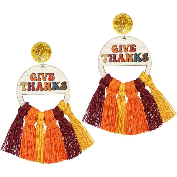 Wooden Turkey Pumpkin Maple Leaf Colorful Tassel Thanksgiving Earrings for Women - Picture 1 of 6